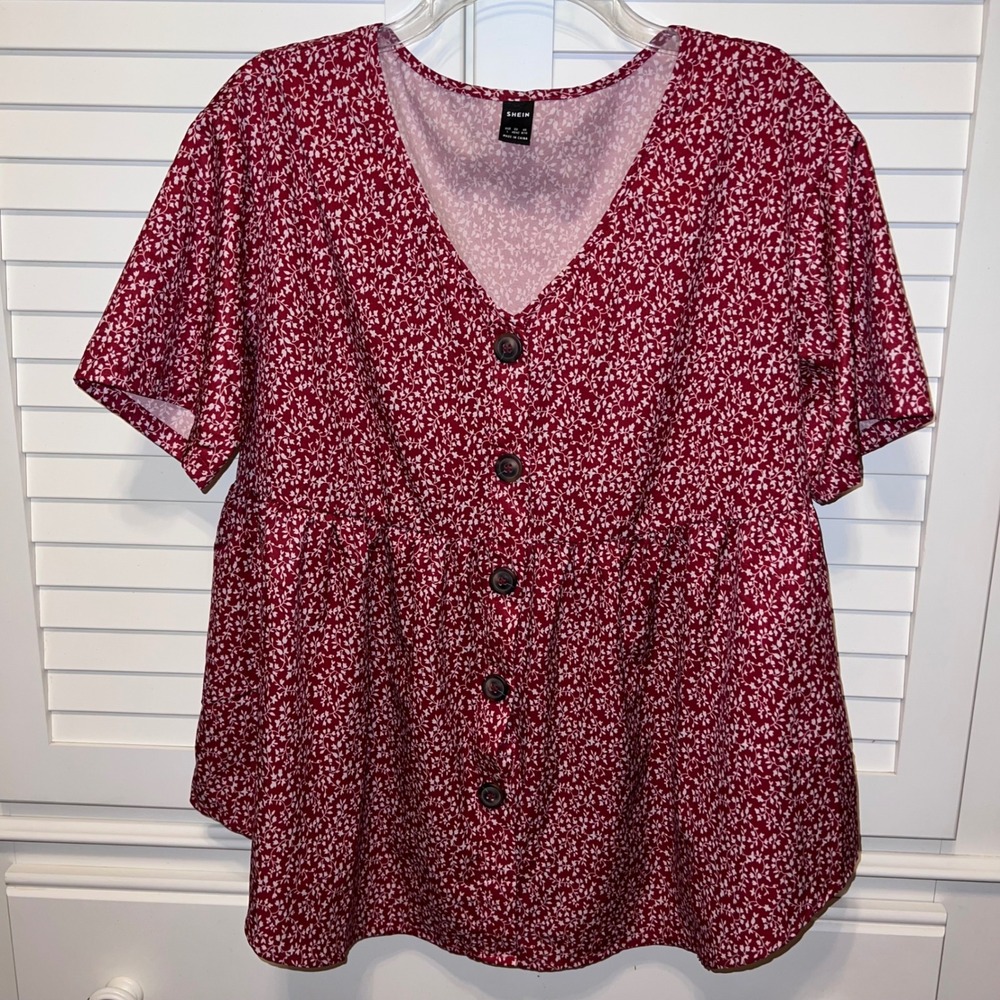 Shein Curve Red Floral Ditsy Button‎ Front Peplum Babydoll Blouse Top Womens L